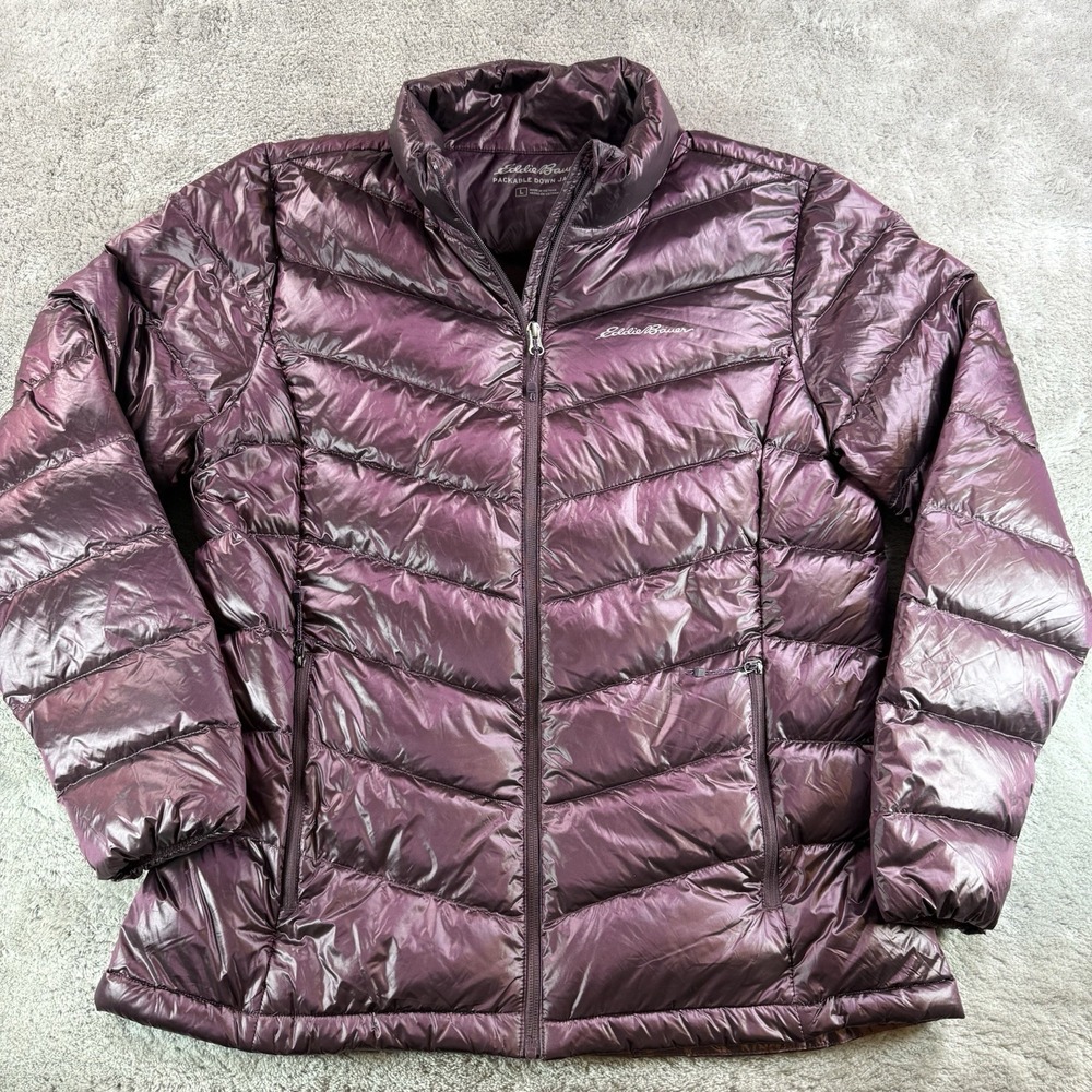 Eddie Bauer EB650 Down Jacket Womens L Purple Packable Puffer Full Zip Coat